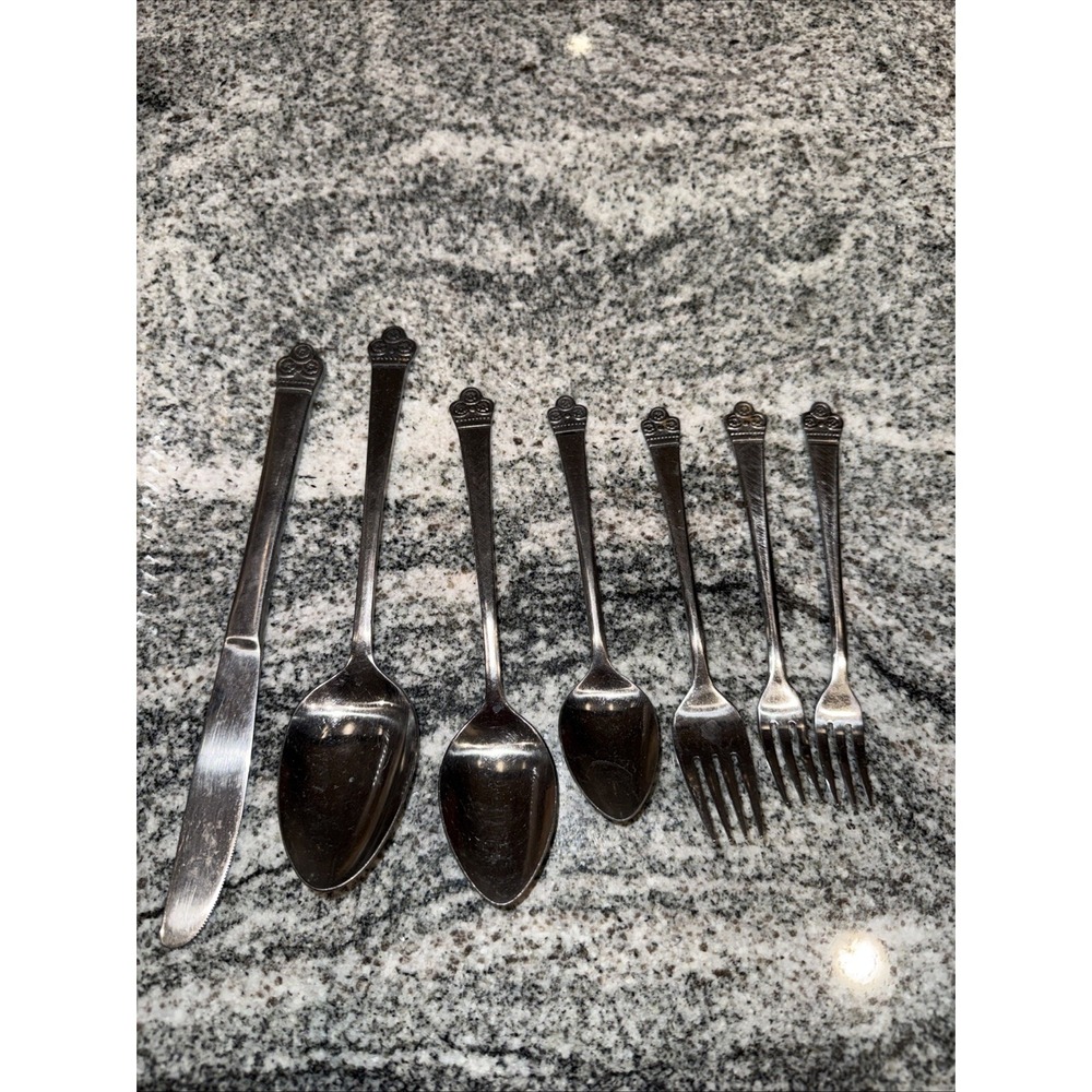 7 Pcs National Stainless Korea Flatware Costa Mesa Pattern Flower Dots